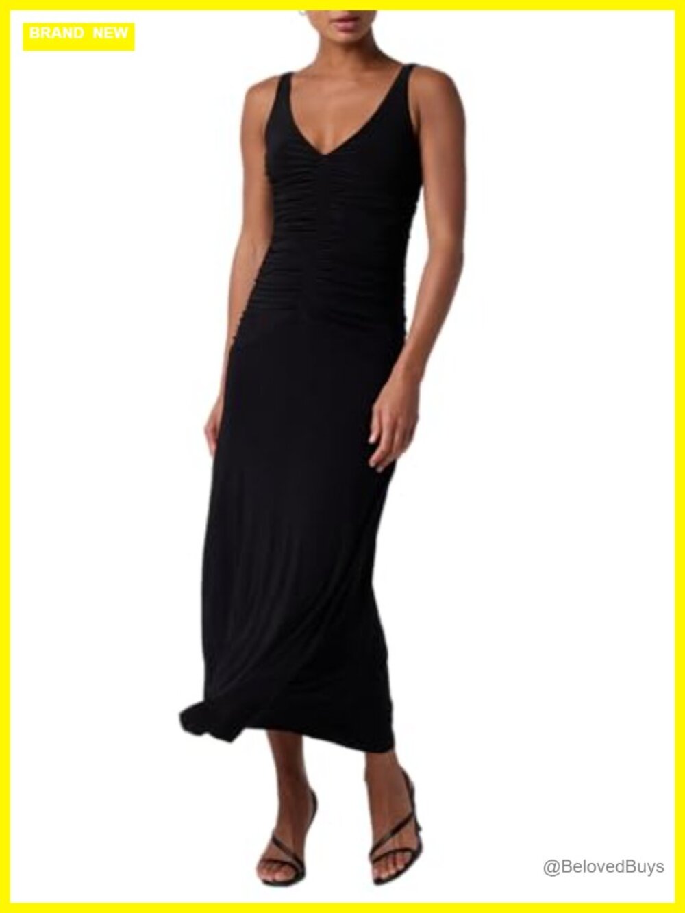 V-Neck Ruched Midi Dress Fitted Sleeveless Party Cocktail
